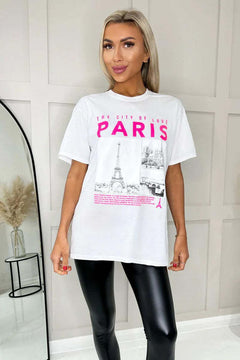 Ladies Oversized Paris Slogan Short Sleeves T Shirt Top - TikTopia