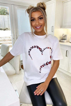Ladies Oversized Printed Heart Short Sleeves T Shirt Top - TikTopia