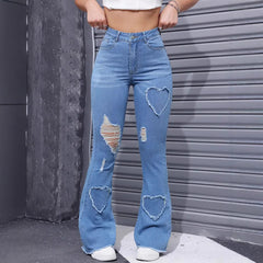 Washed Casual Heart-shaped Ripped Stretch Flared Jeans - TikTopia