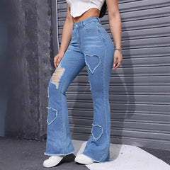 Washed Casual Heart-shaped Ripped Stretch Flared Jeans - TikTopia