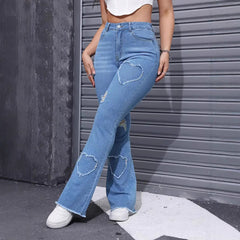 Washed Casual Heart-shaped Ripped Stretch Flared Jeans - TikTopia