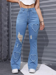 Washed Casual Heart-shaped Ripped Stretch Flared Jeans - TikTopia