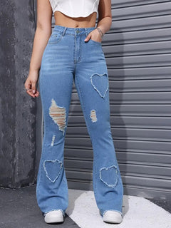 Washed Casual Heart-shaped Ripped Stretch Flared Jeans - TikTopia