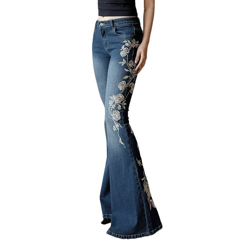 Women's Rose Embroidered Flared Jeans - TikTopia