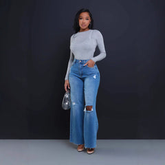 Women's Ripped High Waist Loose Straight Wide Leg Jeans - TikTopia