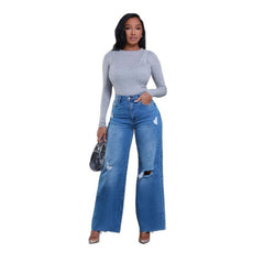 Women's Ripped High Waist Loose Straight Wide Leg Jeans - TikTopia