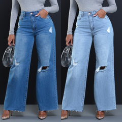 Women's Ripped High Waist Loose Straight Wide Leg Jeans - TikTopia