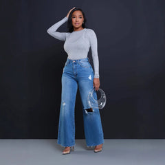 Women's Ripped High Waist Loose Straight Wide Leg Jeans - TikTopia