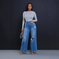 Women's Ripped High Waist Loose Straight Wide Leg Jeans - TikTopia