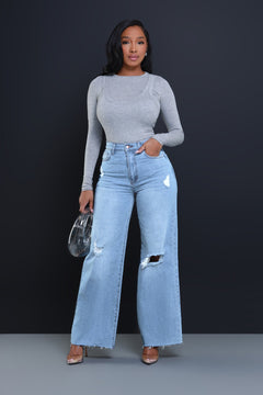 Women's Ripped High Waist Loose Straight Wide Leg Jeans - TikTopia