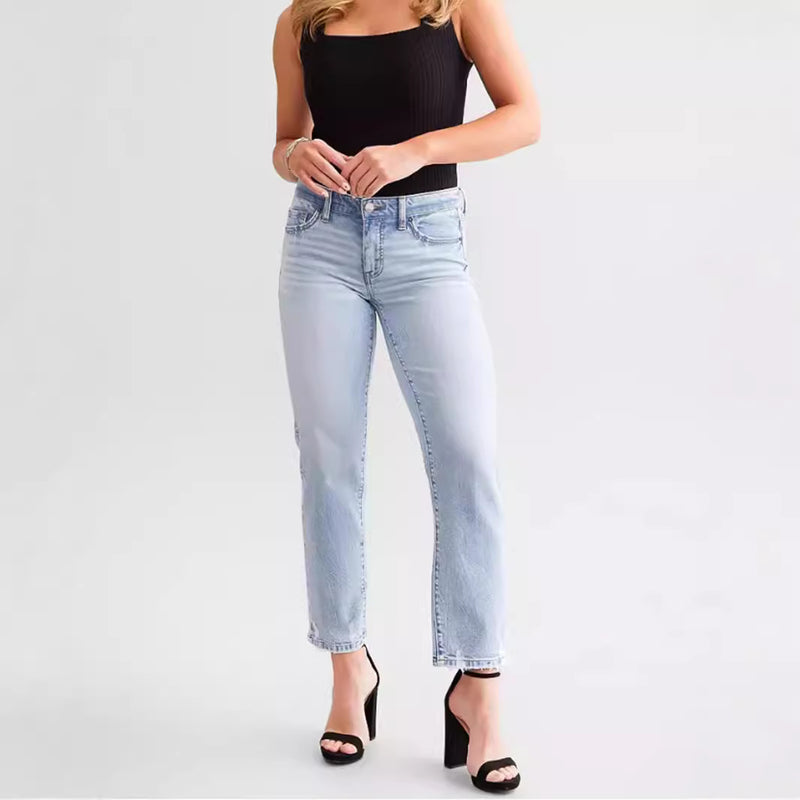 Women's Blue High Waist Straight Micro Elastic Jeans - TikTopia