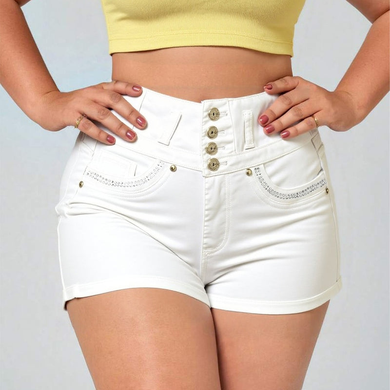 White High Waist Button Shorts Slim Fit Stretch Denim Bling Pocket Hot Girl Summer Look Club Chic Curve Flattering Pants For Women Forbidden Platform - TikTopia