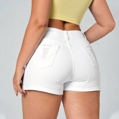 White High Waist Button Shorts Slim Fit Stretch Denim Bling Pocket Hot Girl Summer Look Club Chic Curve Flattering Pants For Women Forbidden Platform - TikTopia