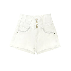 White High Waist Button Shorts Slim Fit Stretch Denim Bling Pocket Hot Girl Summer Look Club Chic Curve Flattering Pants For Women Forbidden Platform - TikTopia