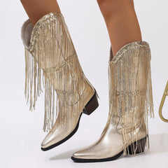 European And American Fashion Middle Fashion Boots Female Retro Chunky Heel Pleated Western Knight - TikTopia
