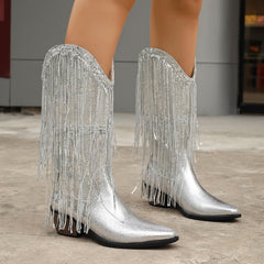 European And American Fashion Middle Fashion Boots Female Retro Chunky Heel Pleated Western Knight - TikTopia