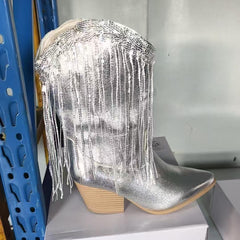 European And American Fashion Middle Fashion Boots Female Retro Chunky Heel Pleated Western Knight - TikTopia