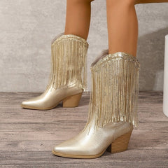 European And American Fashion Middle Fashion Boots Female Retro Chunky Heel Pleated Western Knight - TikTopia