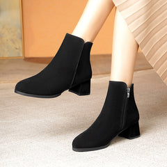 Pointed-toe Frosted Suede Side Zipper Chunky Heel Mid Heel Plus Size Female Boots - TikTopia
