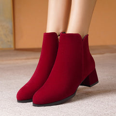 Pointed-toe Frosted Suede Side Zipper Chunky Heel Mid Heel Plus Size Female Boots - TikTopia
