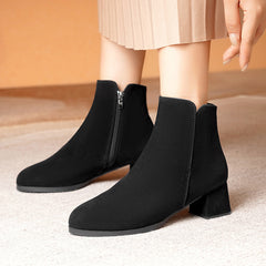 Pointed-toe Frosted Suede Side Zipper Chunky Heel Mid Heel Plus Size Female Boots - TikTopia