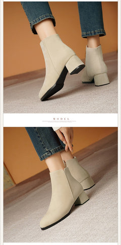 Pointed-toe Frosted Suede Side Zipper Chunky Heel Mid Heel Plus Size Female Boots - TikTopia