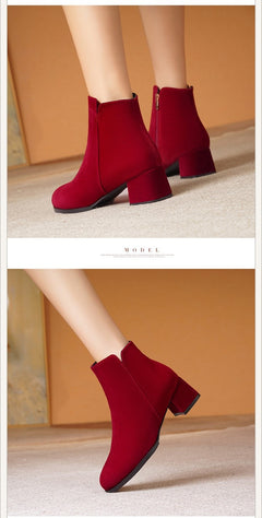 Pointed-toe Frosted Suede Side Zipper Chunky Heel Mid Heel Plus Size Female Boots - TikTopia
