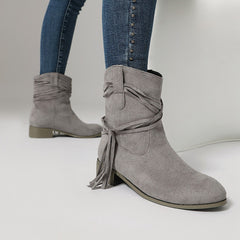 Short Boots Round Toe Foreign Trade Suede Tassel Women's Shoes - TikTopia