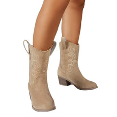 Plus Size Square Heel Round Head V Cut Women's Mid Boots - TikTopia