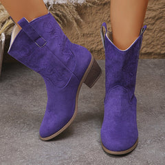 Plus Size Square Heel Round Head V Cut Women's Mid Boots - TikTopia
