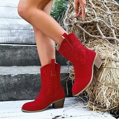 Plus Size Square Heel Round Head V Cut Women's Mid Boots - TikTopia