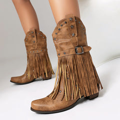Autumn And Winter Tassel Women's Western Rivet Belt Buckle Tassel Middle Boots - TikTopia