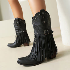Autumn And Winter Tassel Women's Western Rivet Belt Buckle Tassel Middle Boots - TikTopia