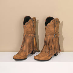 Autumn And Winter Tassel Women's Western Rivet Belt Buckle Tassel Middle Boots - TikTopia