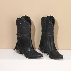 Autumn And Winter Tassel Women's Western Rivet Belt Buckle Tassel Middle Boots - TikTopia