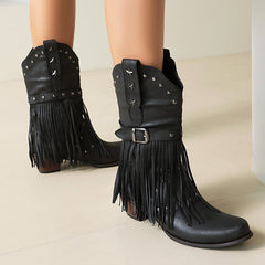 Autumn And Winter Tassel Women's Western Rivet Belt Buckle Tassel Middle Boots - TikTopia