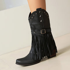 Autumn And Winter Tassel Women's Western Rivet Belt Buckle Tassel Middle Boots - TikTopia