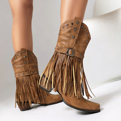 Autumn And Winter Tassel Women's Western Rivet Belt Buckle Tassel Middle Boots - TikTopia