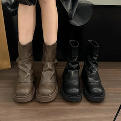 British Street Pleated Sleeve Slugged Bottom Boots - TikTopia