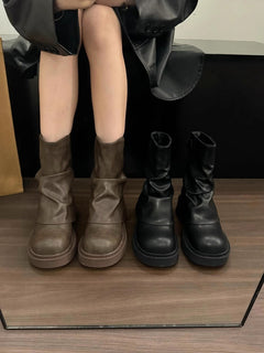 British Street Pleated Sleeve Slugged Bottom Boots - TikTopia