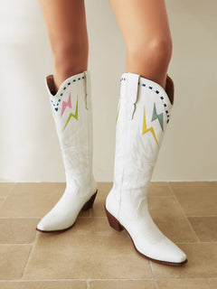 Lightning Embroidery Knee-high Boots Women - TikTopia