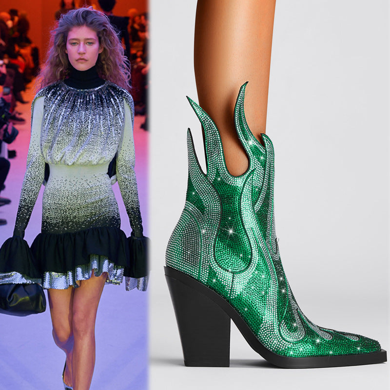 New Sexy Square Toe Chunky Heel Rhinestone Flame Martin Boots - TikTopia