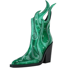 New Sexy Square Toe Chunky Heel Rhinestone Flame Martin Boots - TikTopia