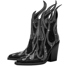 New Sexy Square Toe Chunky Heel Rhinestone Flame Martin Boots - TikTopia