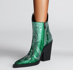New Sexy Square Toe Chunky Heel Rhinestone Flame Martin Boots - TikTopia