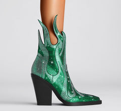 New Sexy Square Toe Chunky Heel Rhinestone Flame Martin Boots - TikTopia