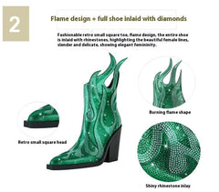 New Sexy Square Toe Chunky Heel Rhinestone Flame Martin Boots - TikTopia