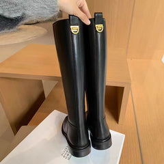 Round Toe Side Zipper Fleece-lined Long Biker Boots Women's Autumn And Winter - TikTopia