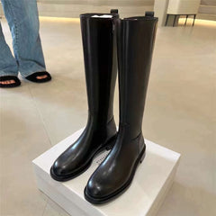 Round Toe Side Zipper Fleece-lined Long Biker Boots Women's Autumn And Winter - TikTopia