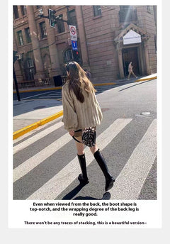 Round Toe Side Zipper Fleece-lined Long Biker Boots Women's Autumn And Winter - TikTopia